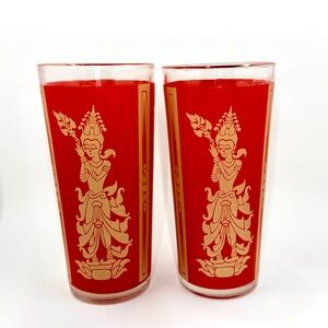 Vintage Mid-Century Culver Thai Goddess Red Gold Highball Glasses Barware 2/set